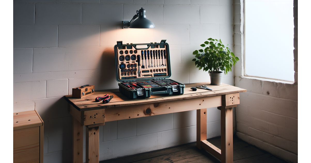Coffret d outillage complet ouvert sur un établi en bois dans un atelier