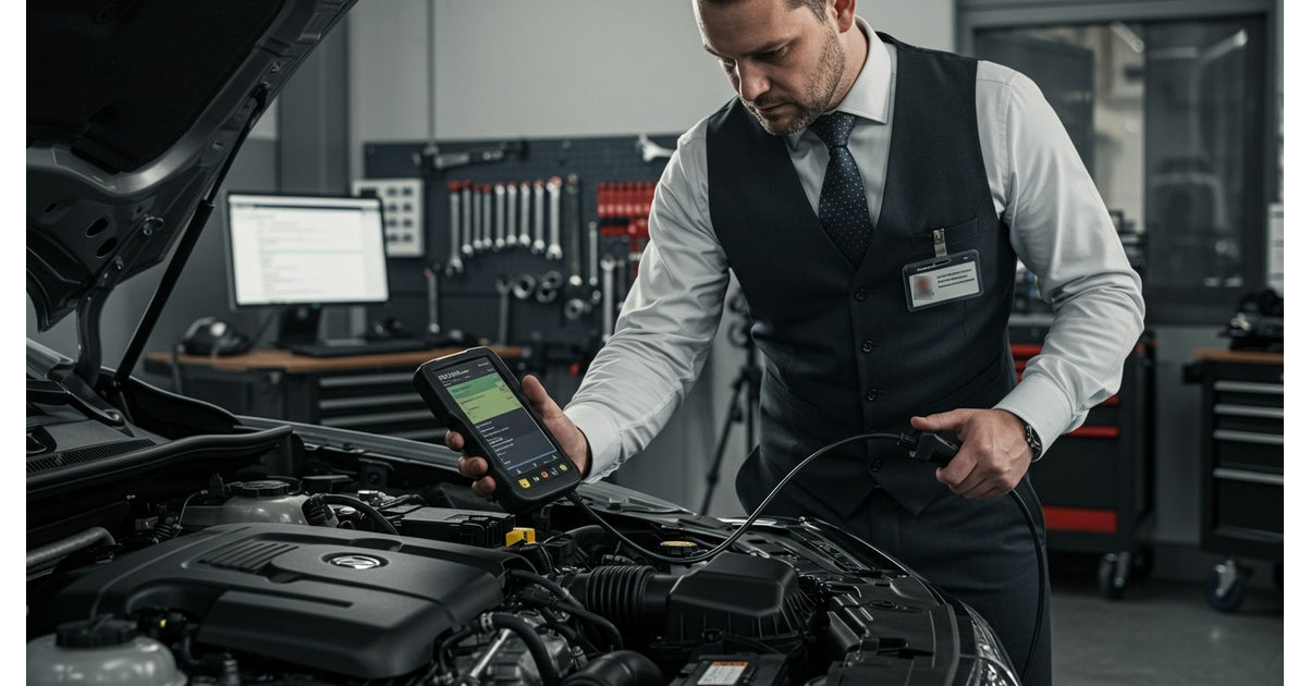 Diagnostic automobile avec une valise de diagnostic iCarsoft sous le capot d'une voiture