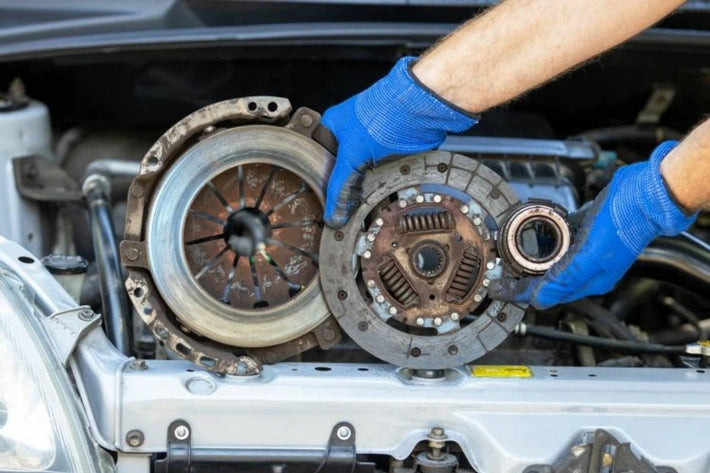 Mains d un mecanicien tenant les pieces d un embrayage hydraulique de voiture