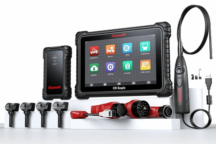 Pack de diagnostic auto complet avec la tablette iCarsoft CR Eagle, capteurs TPMS, adaptateurs et caméra