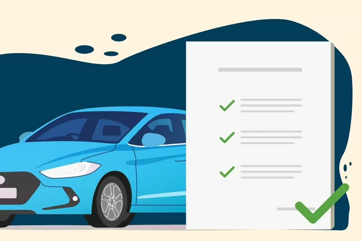 Illustration d une voiture bleue et d un document de verification de code VIN