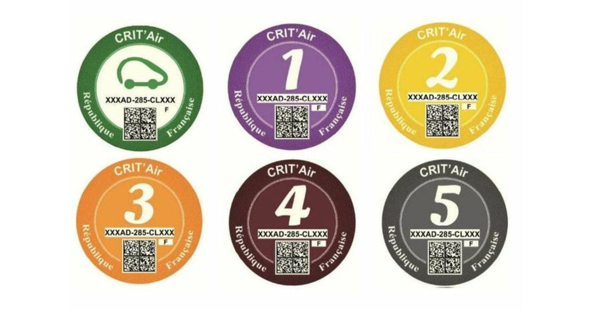 Ensemble des six vignettes ecologiques Crit Air de differentes couleurs pour la classification des vehicules