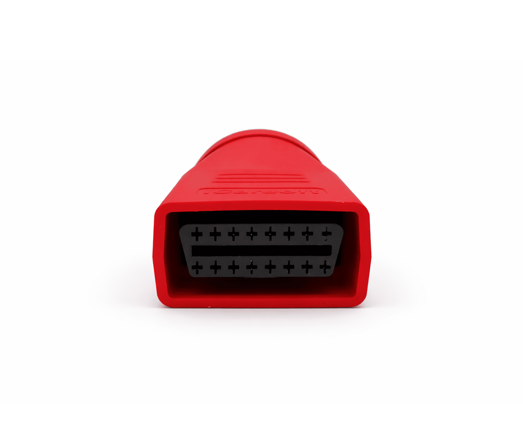 Vue arrière de la prise d'un adaptateur de diagnostic BMW 20 broches vers OBD2 rouge