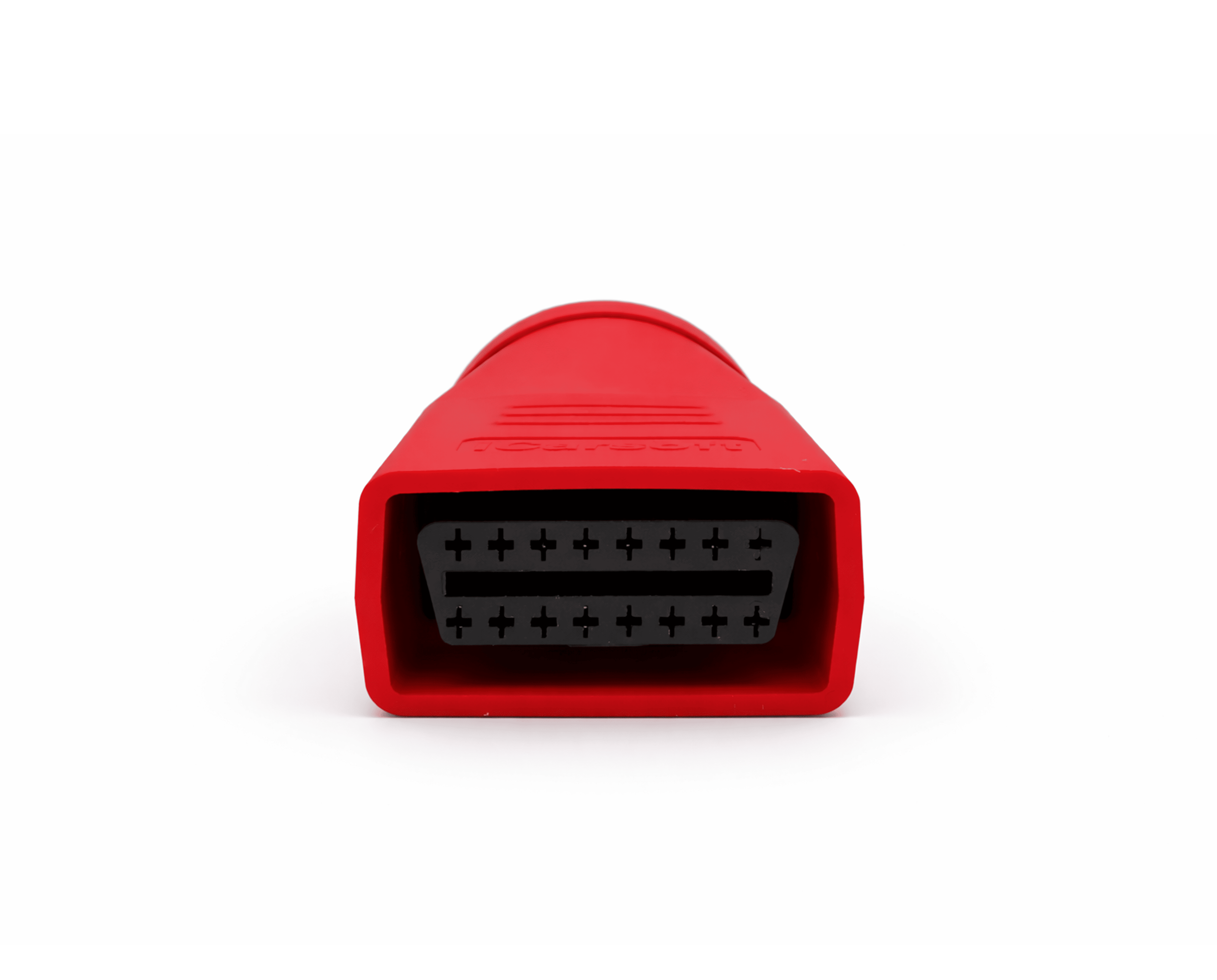 Vue arrière de la prise d'un adaptateur de diagnostic BMW 20 broches vers OBD2 rouge