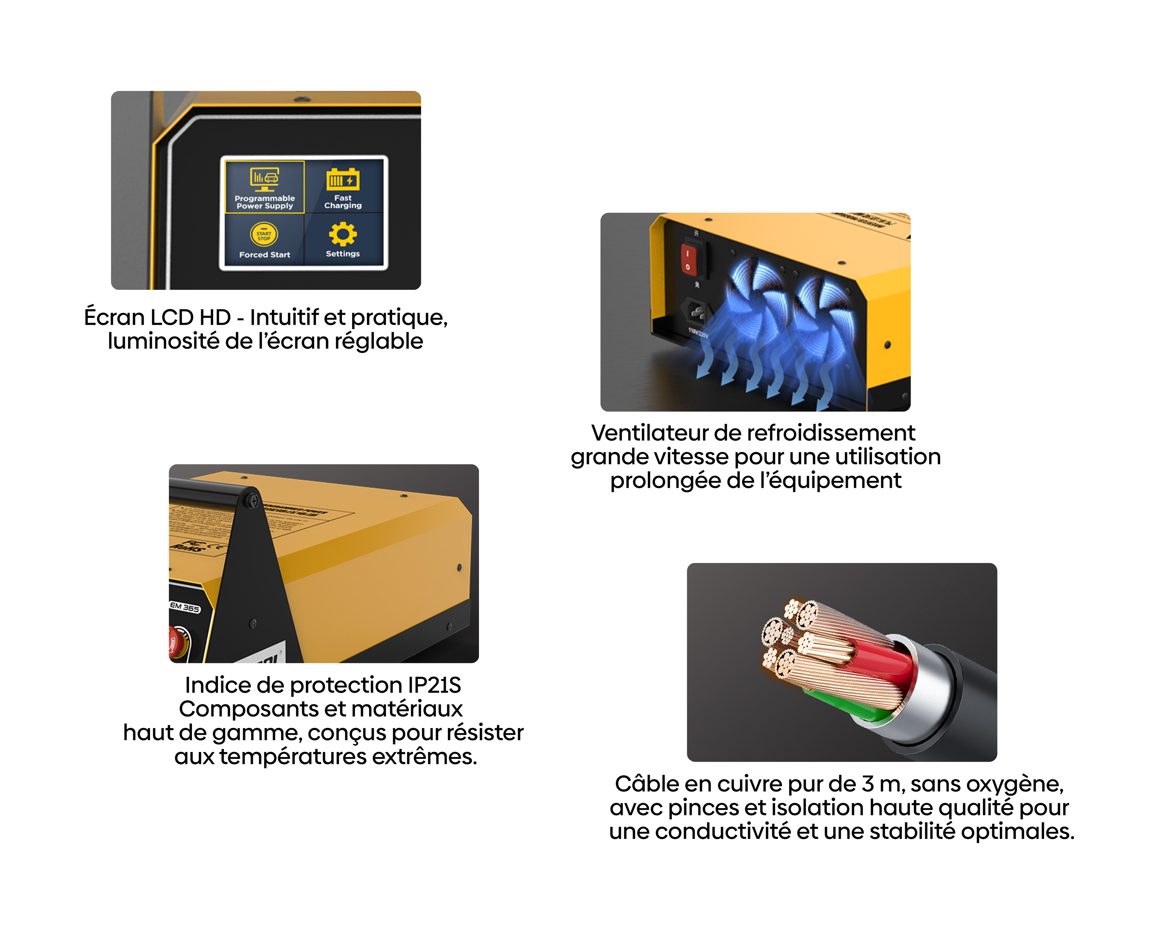 Infographie montrant les spécifications du chargeur d atelier Autool EM365