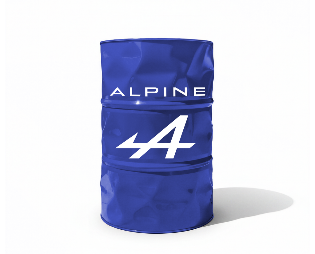Petit baril decoratif de couleur bleu Alpine avec logo blanc sur fond blanc