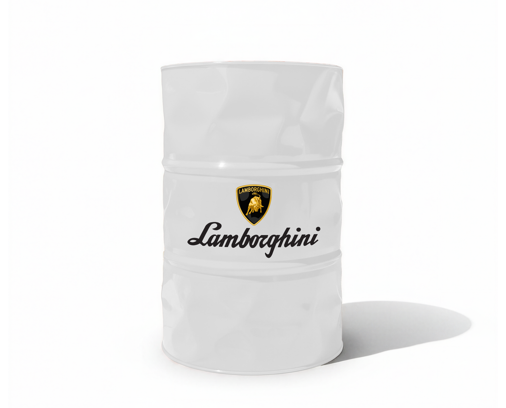 Baril decoratif blanc de style industriel avec le logo de la marque Lamborghini