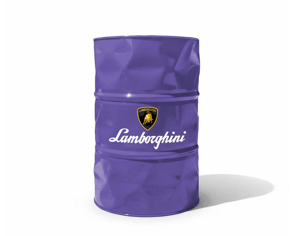 Baril decoratif violet de style industriel avec le logo de la marque automobile Lamborghini