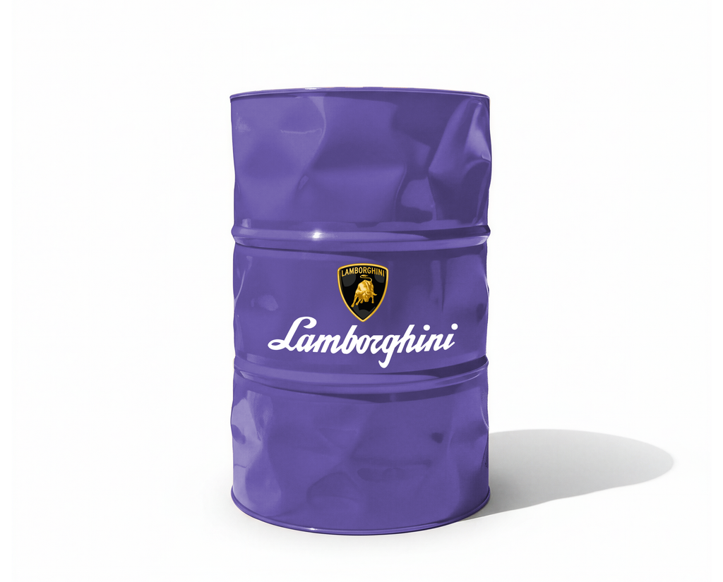 Baril decoratif violet orne du logo officiel Lamborghini pour deco de garage