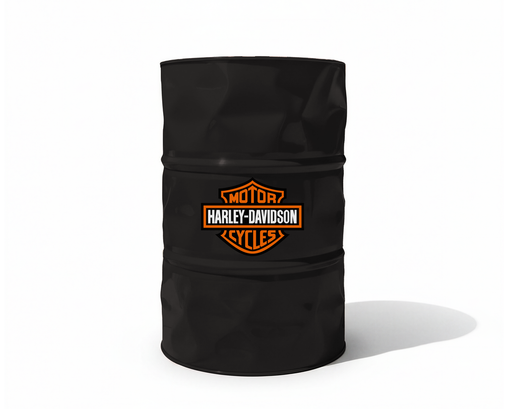 Baril decoratif noir avec le logo orange et blanc Harley Davidson pour decoration de garage