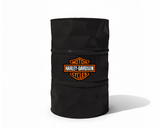 Baril decoratif noir avec le logo orange et blanc Harley Davidson pour decoration de garage