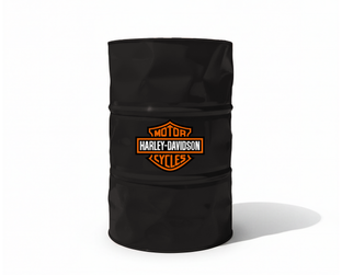 Baril decoratif noir avec le logo orange et blanc Harley Davidson pour decoration de garage
