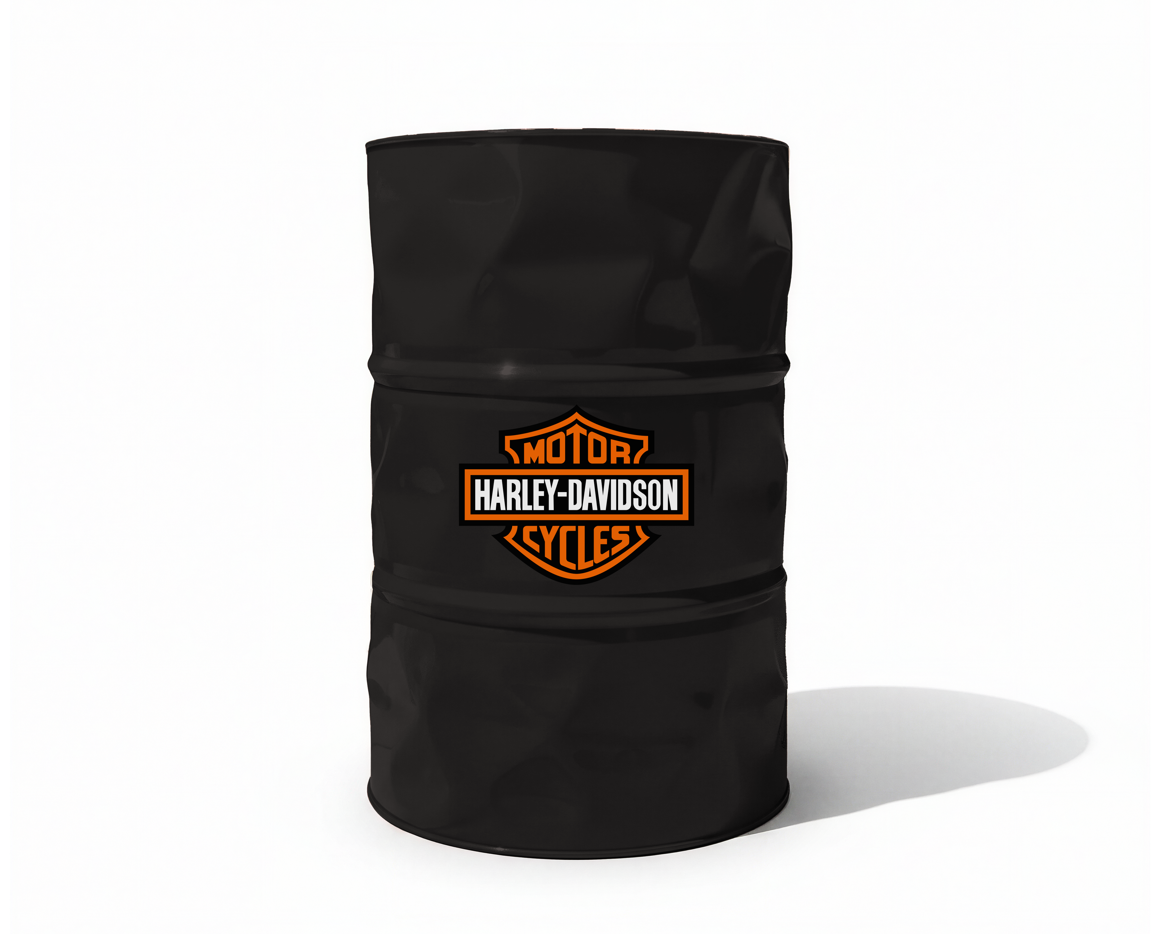 Baril decoratif noir avec le logo orange et blanc Harley Davidson pour decoration de garage