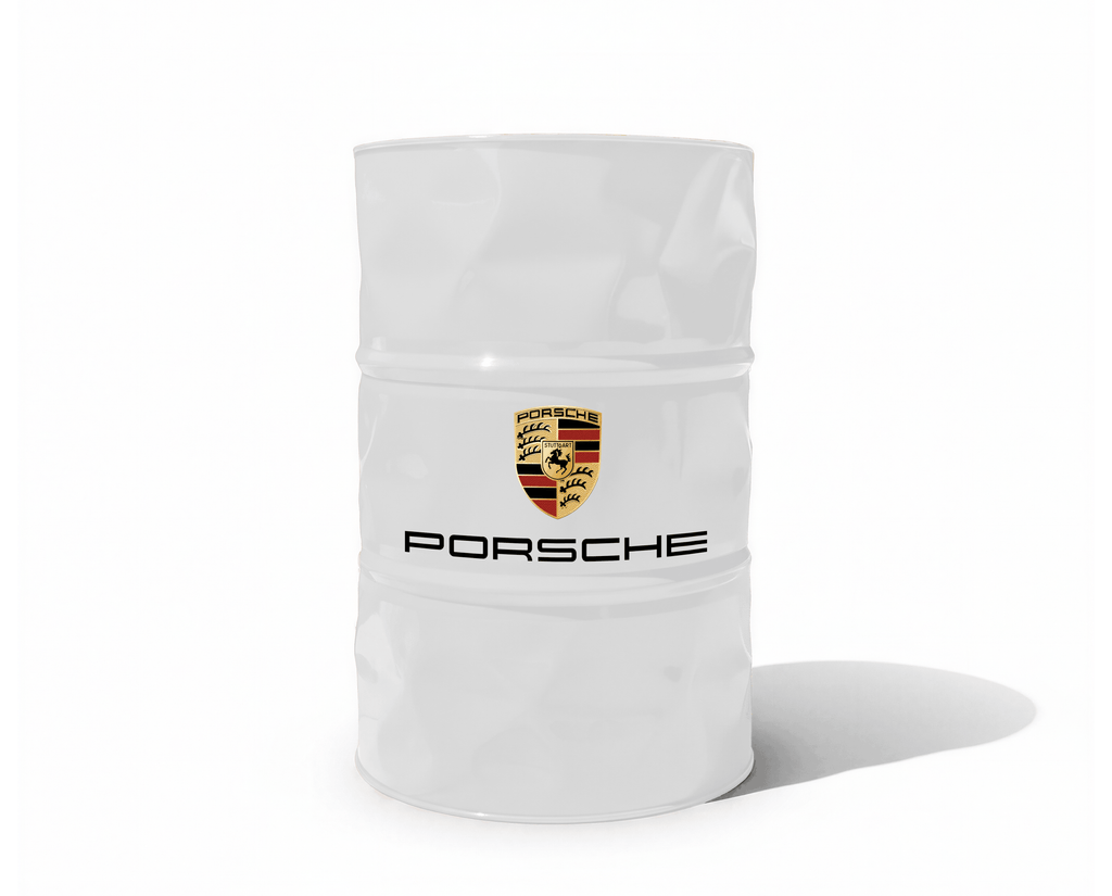 Baril decoratif blanc de marque Porsche pour la decoration de garage automobile