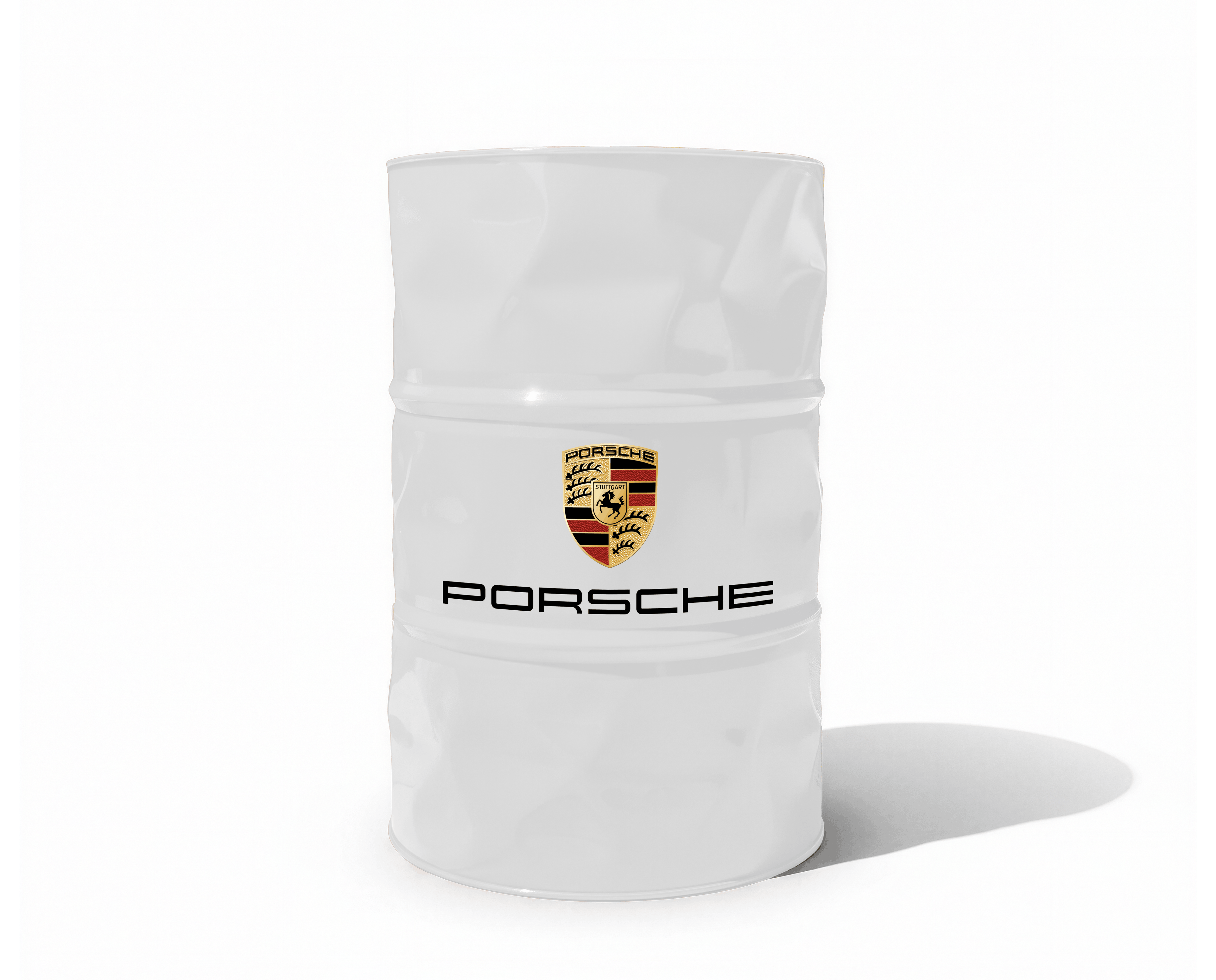Baril decoratif blanc de marque Porsche pour la decoration de garage automobile