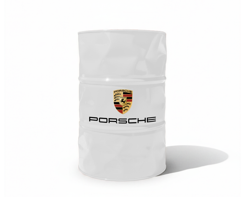 Baril decoratif blanc avec logo et ecriture de la marque Porsche