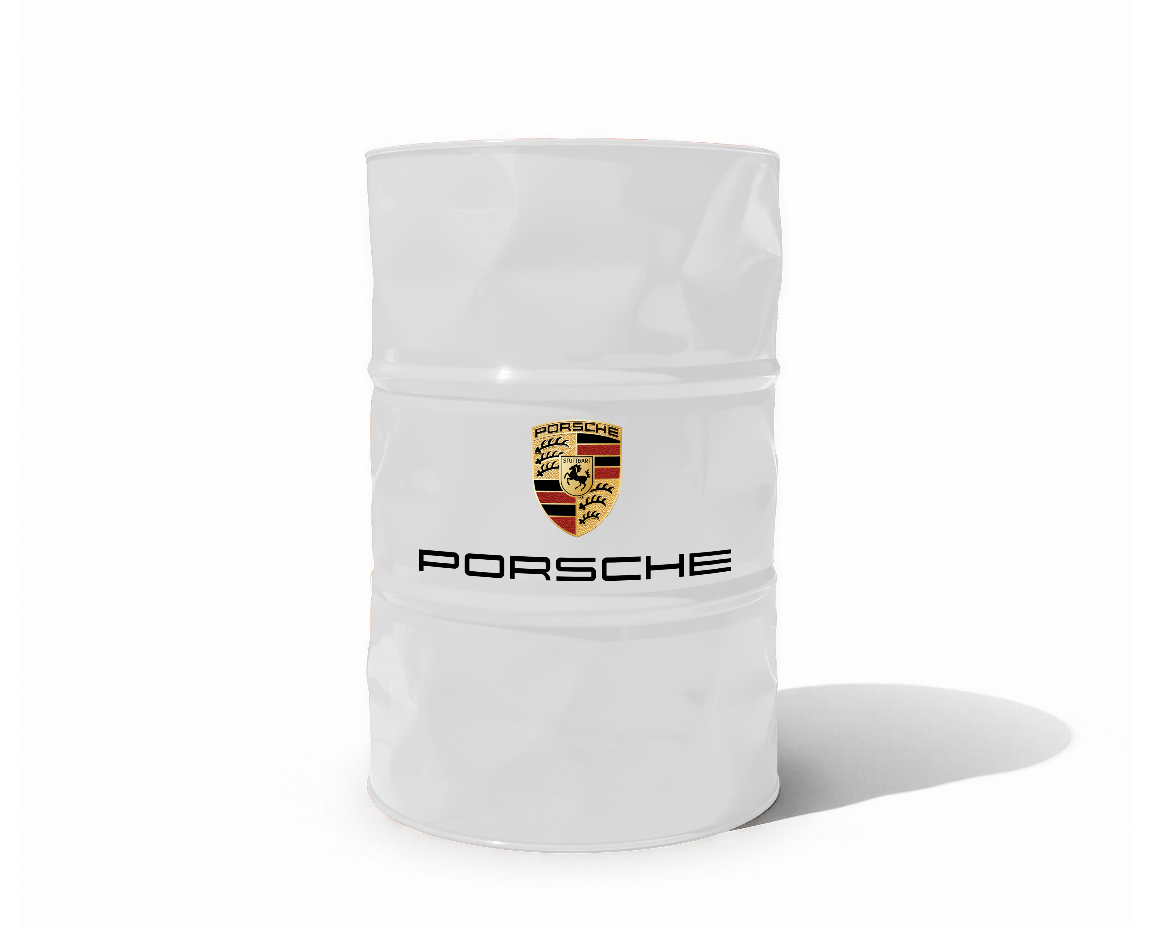 Baril decoratif blanc avec logo et ecriture de la marque Porsche