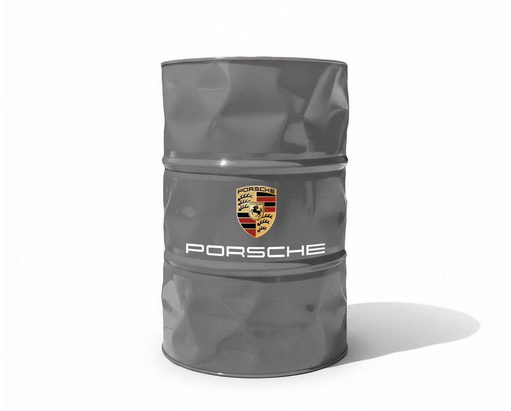 Baril decoratif gris de marque Porsche parfait pour decorer un atelier de diagnostic auto