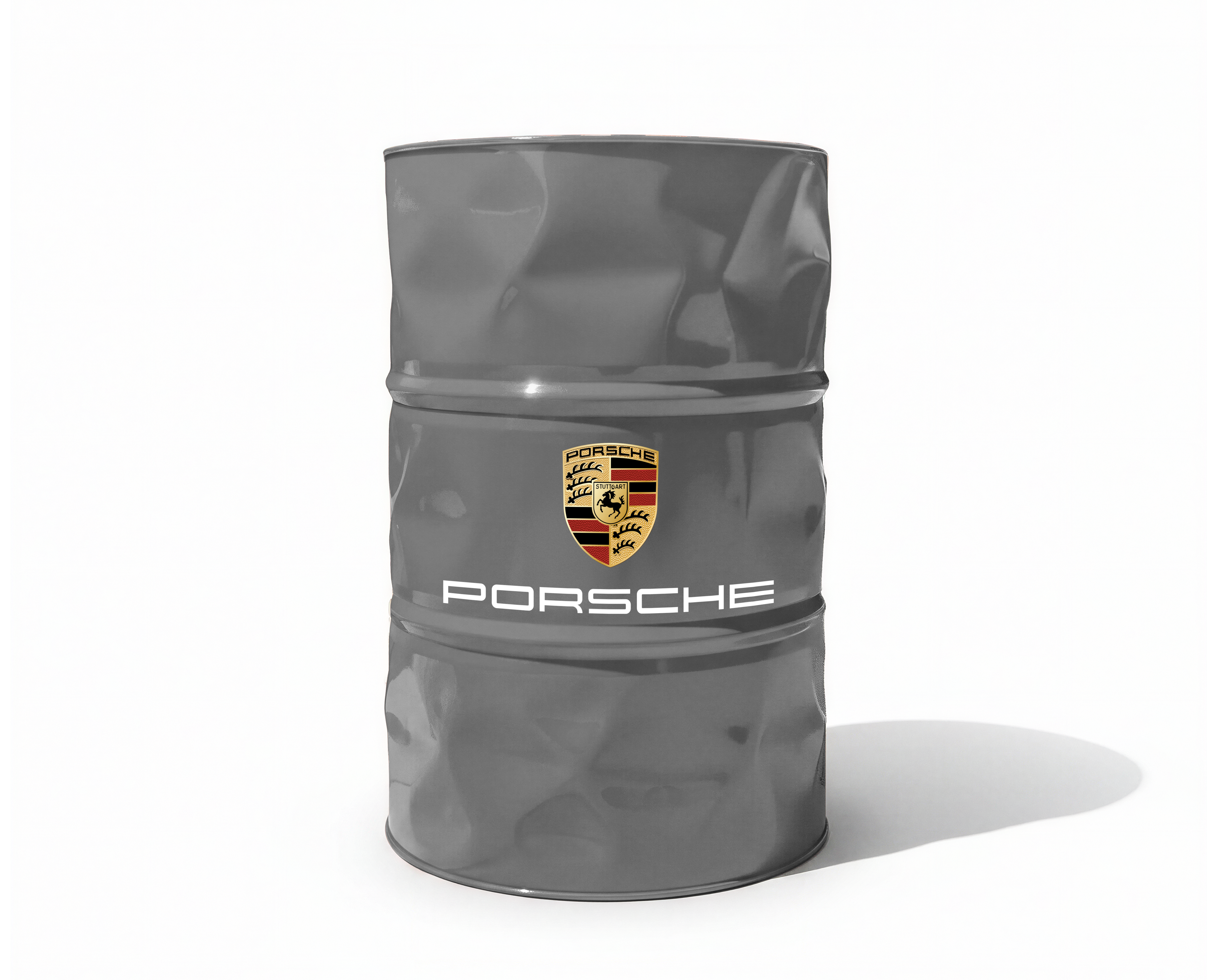 Baril decoratif gris de marque Porsche parfait pour decorer un atelier de diagnostic auto