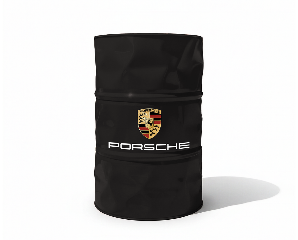 Baril decoratif noir avec logo Porsche pour decoration de garage et atelier