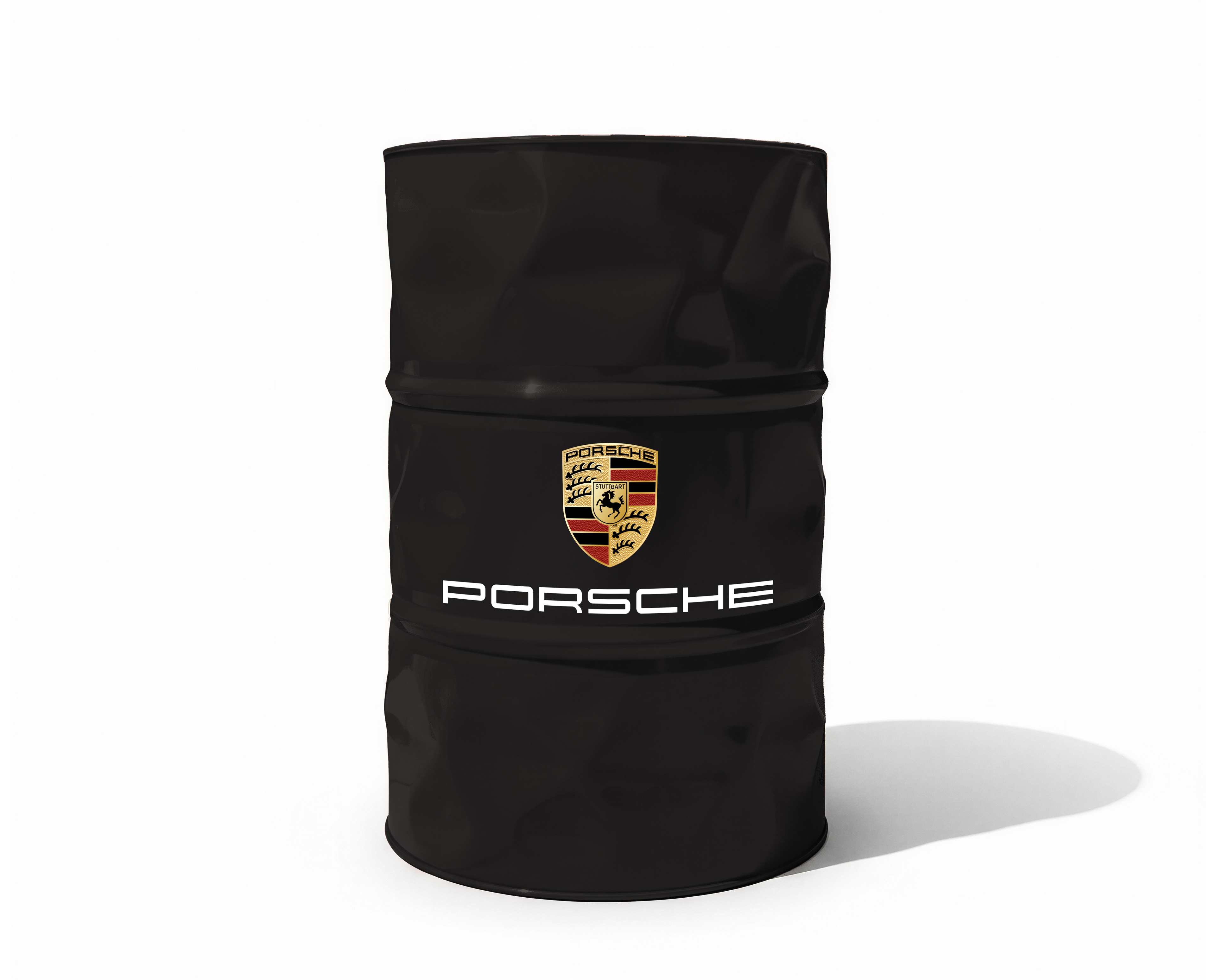 Baril decoratif noir avec logo Porsche pour decoration de garage et atelier