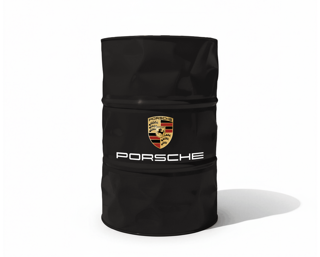 Baril decoratif noir avec logo Porsche et lettrage blanc pour decoration de garage