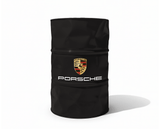 Baril decoratif noir avec logo Porsche et lettrage blanc pour decoration de garage