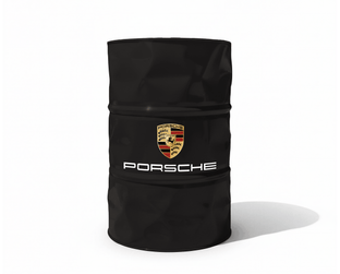 Baril decoratif noir avec logo Porsche et lettrage blanc pour decoration de garage