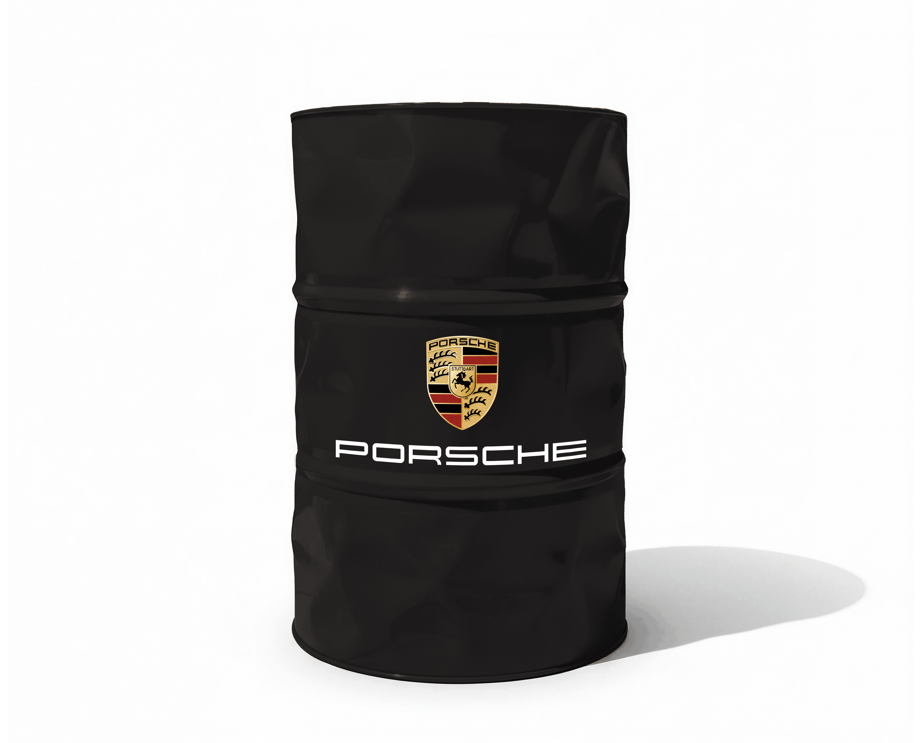 Baril decoratif noir avec logo Porsche et lettrage blanc pour decoration de garage