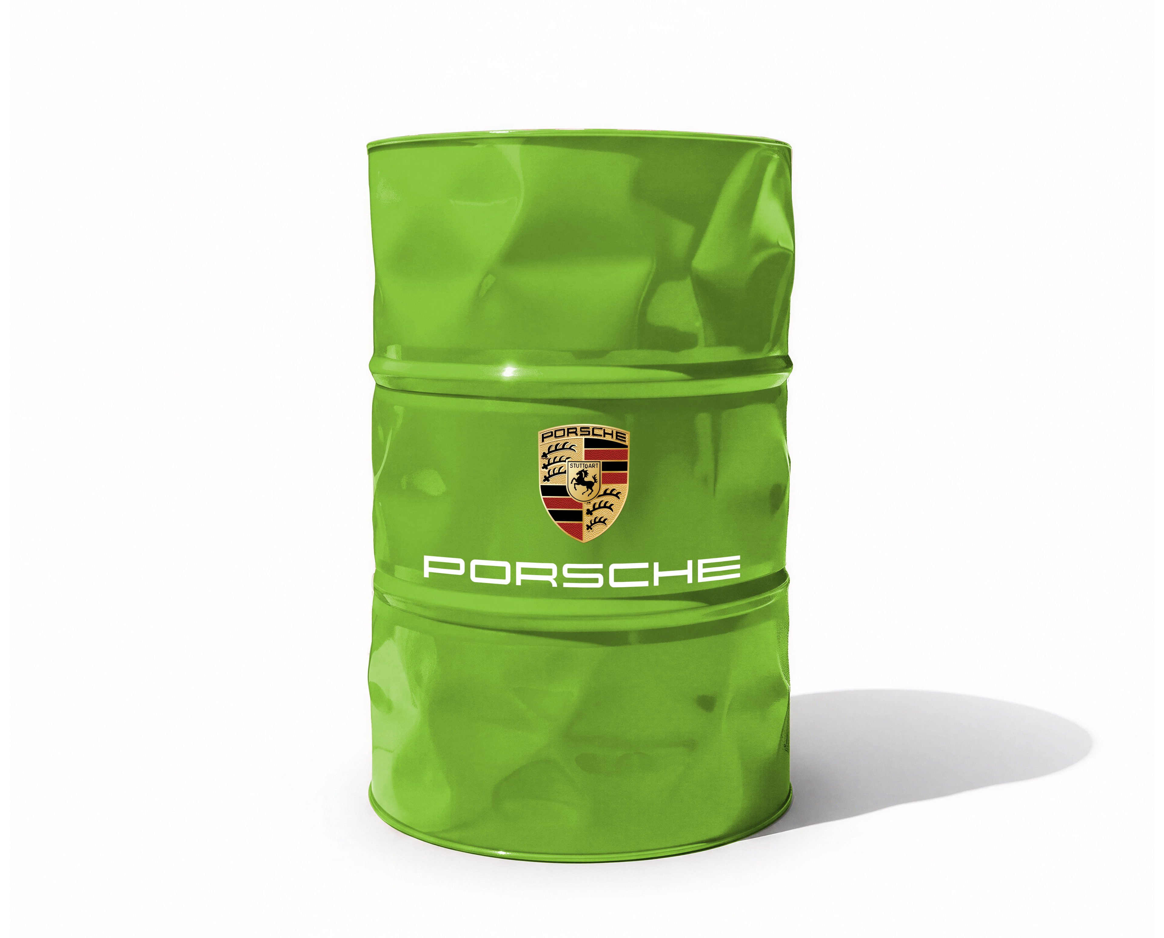 Baril decoratif en metal vert brillant orne du logo officiel de la marque automobile Porsche