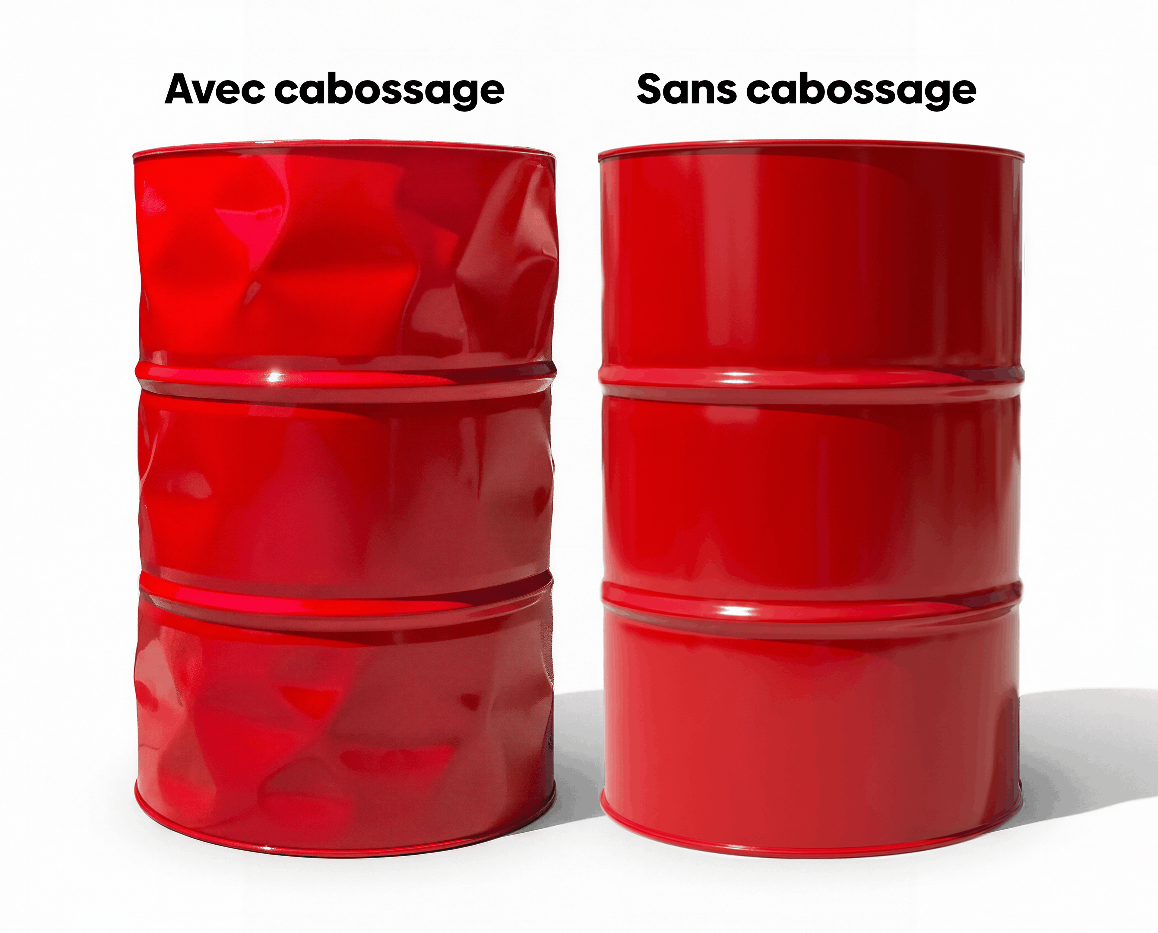 Comparatif visuel entre un baril rouge avec cabossage et un baril de lubrifiant intact