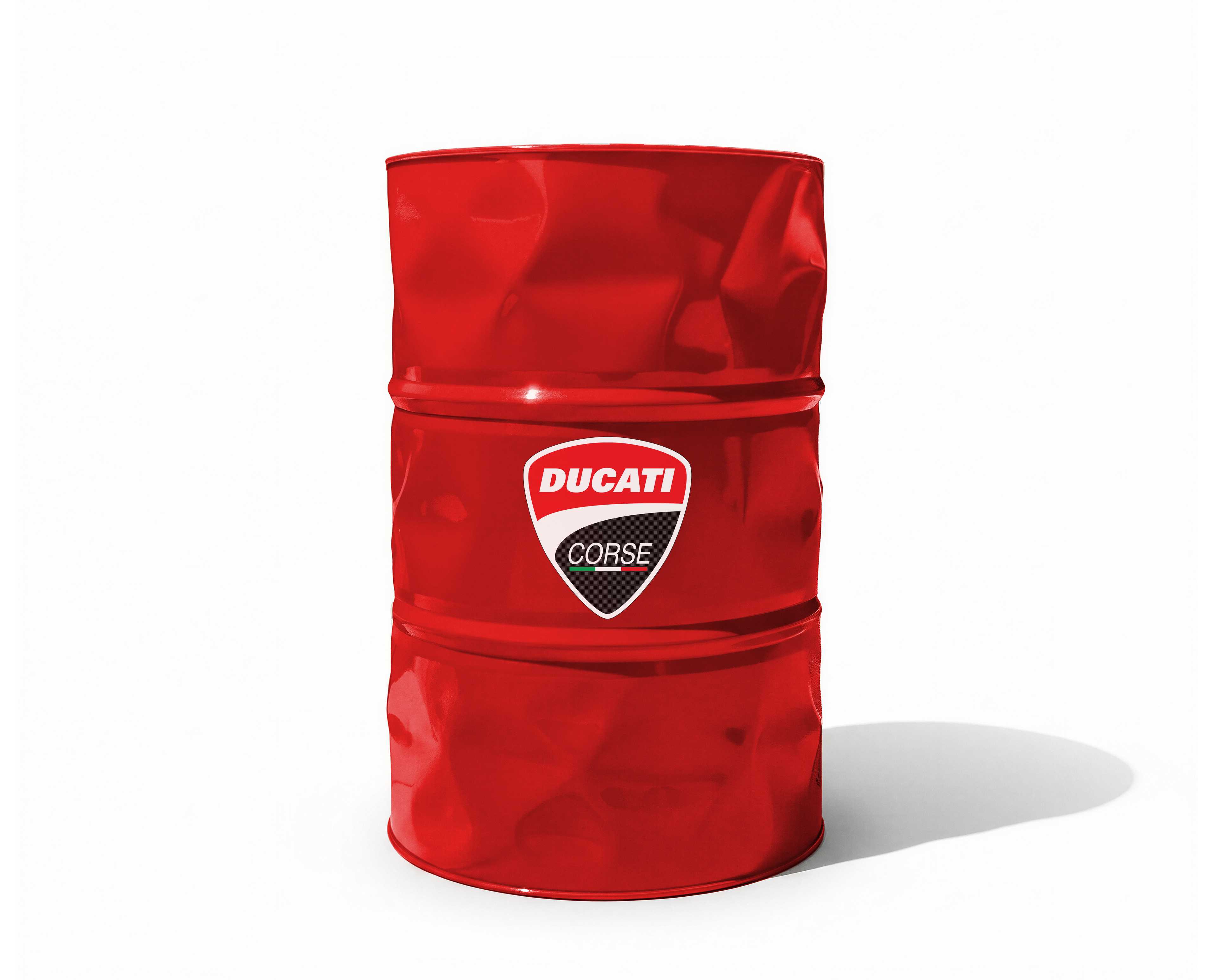 Baril en métal rouge décoré du logo Ducati Corse pour atelier de diagnostic moto