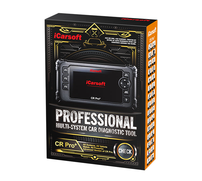 Boite d emballage noire et orange de la valise de diagnostic iCarsoft CR Pro Plus
