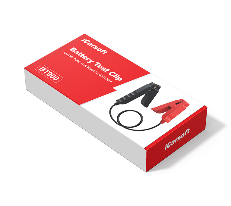 Boite d emballage rouge et blanche du testeur de batterie avec pinces iCarsoft BT900