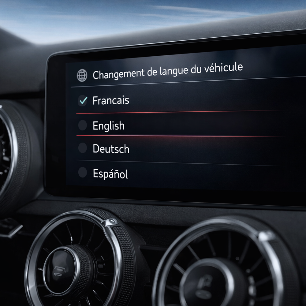 Menu de changement de langue en français sur un écran de voiture