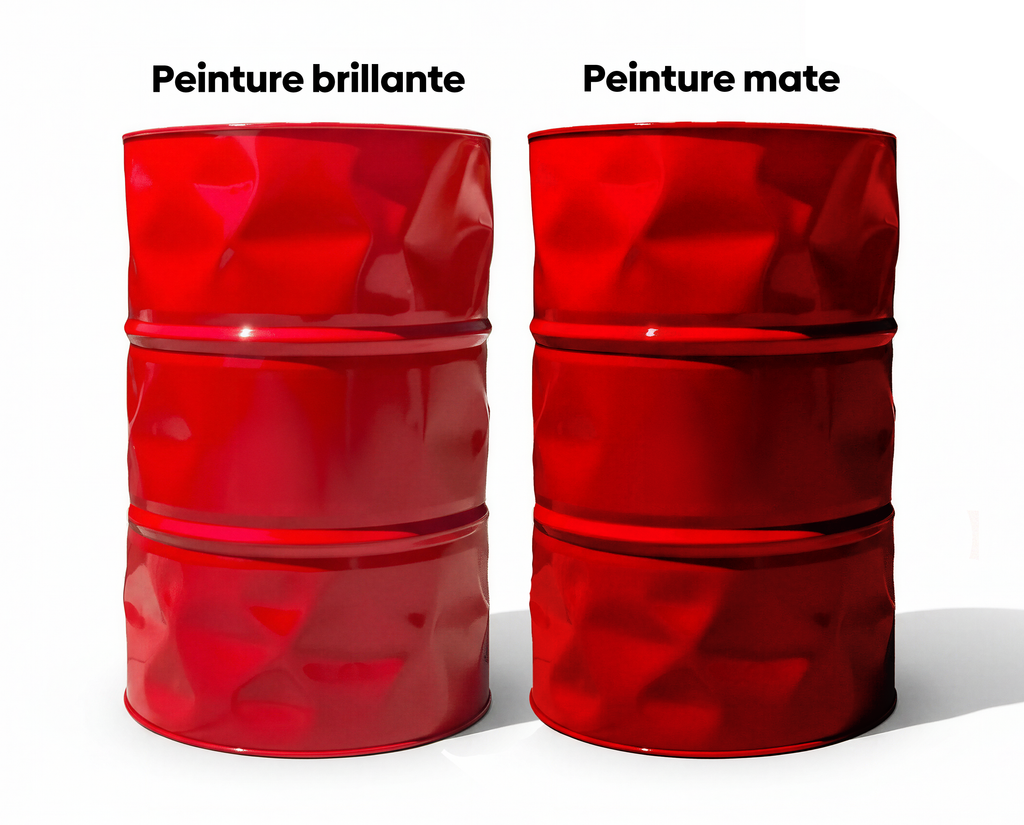 Comparatif entre un baril en peinture brillante et un autre en peinture mate