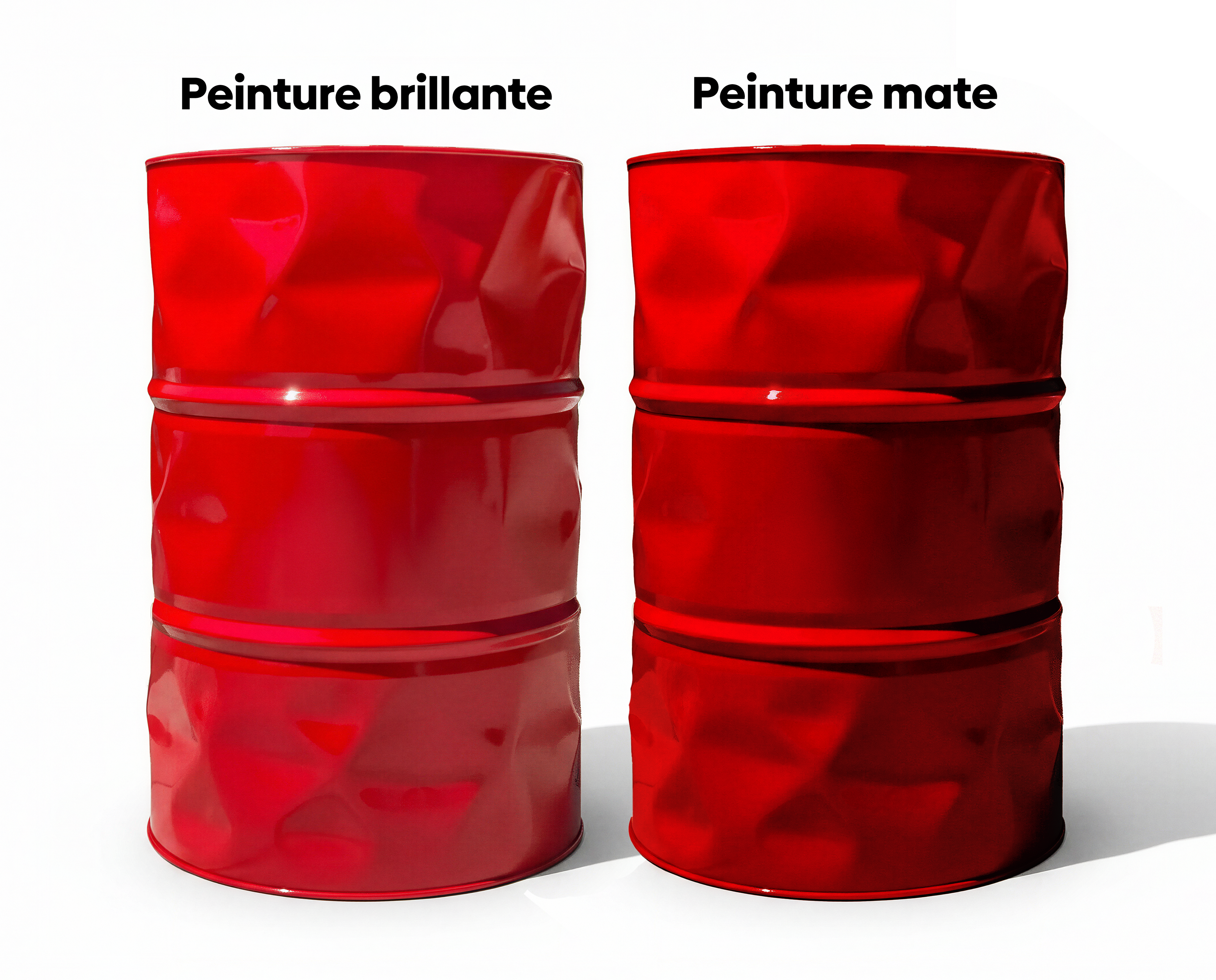 Comparatif visuel entre une finition peinture brillante et mate sur deux barils de couleur rouge