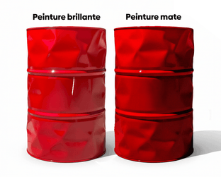 Comparaison visuelle sur deux bidons rouges entre peinture brillante et peinture mate