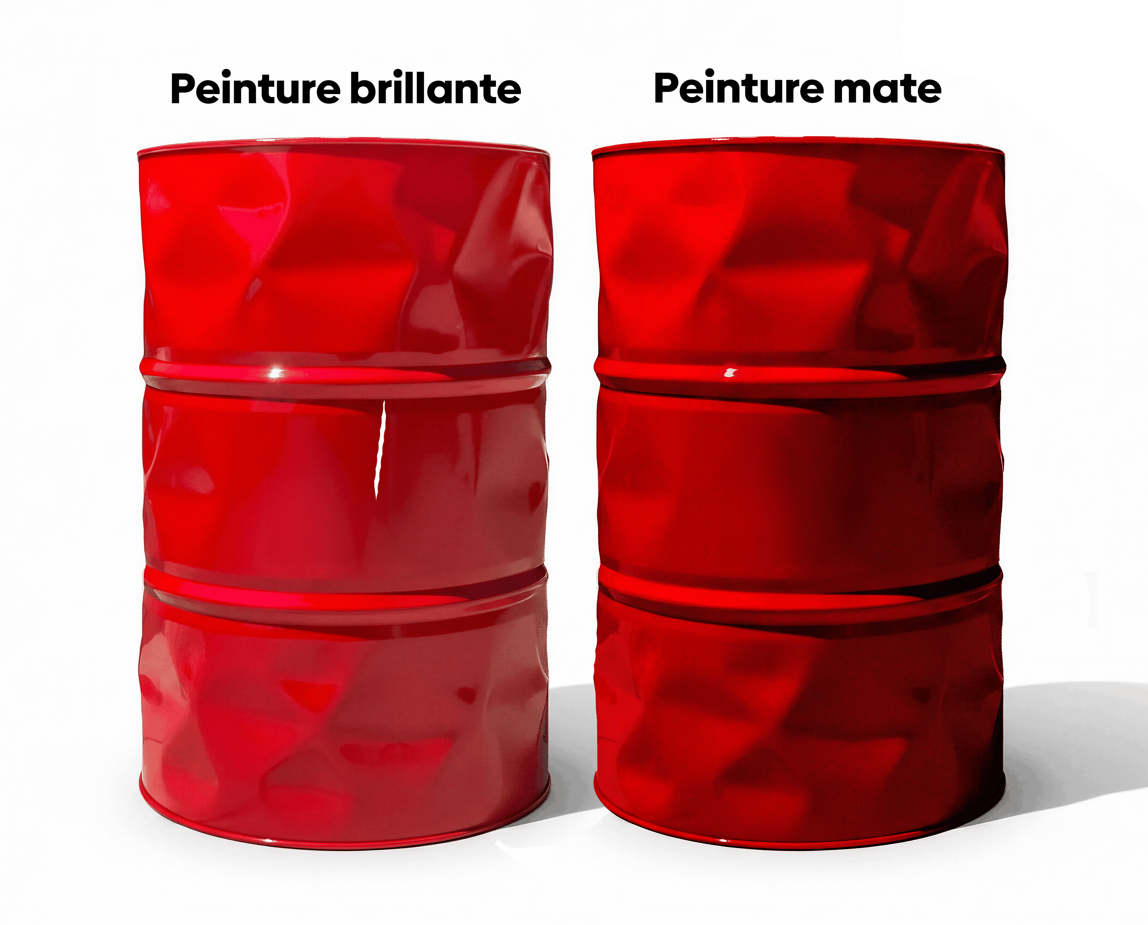 Comparatif visuel entre une peinture brillante et mate sur deux bidons rouges