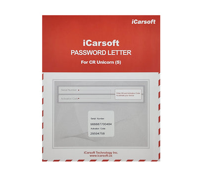 Lettre de mot de passe avec numéro de série et code d activation pour la valise iCarsoft CR Unicorn