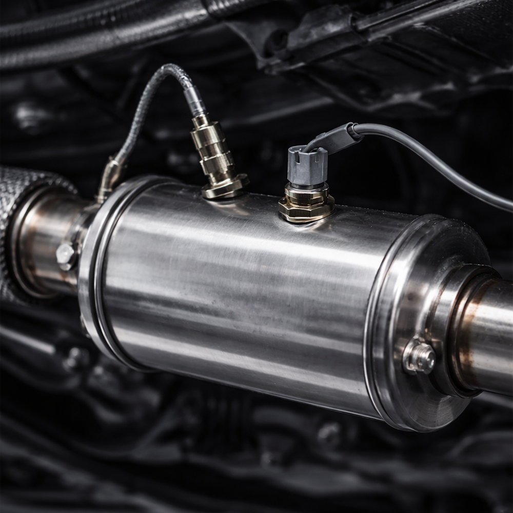 Gros plan sur un filtre à particules de voiture avec ses capteurs et sa sonde de diagnostic