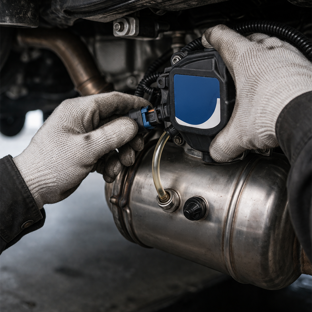 Mains d un mecanicien connectant le capteur du reservoir d additif de FAP