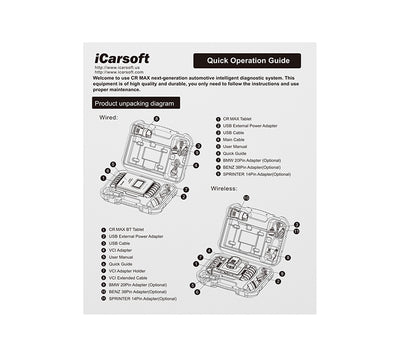 Guide de démarrage rapide imprimé pour la valise de diagnostic multimarque iCarsoft CR Max