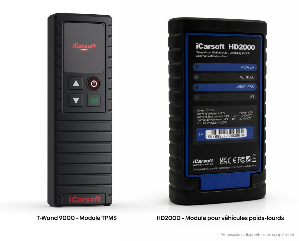 Modules accessoires iCarsoft T-Wand 9000 TPMS et HD2000 pour véhicule poids lourd