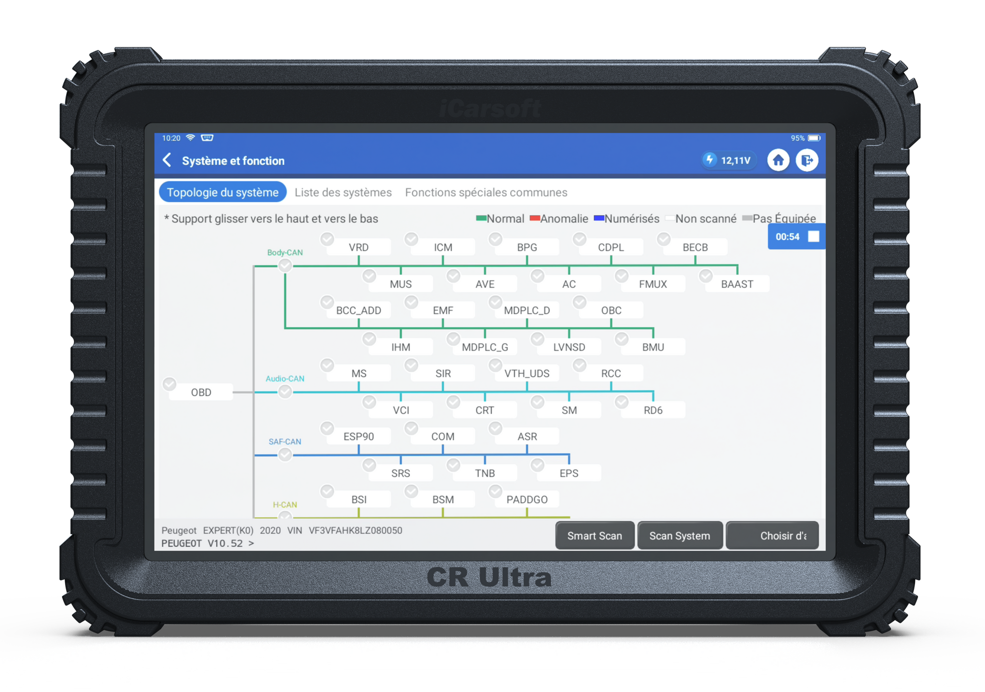 Ecran de la valise de diagnostic iCarsoft CR Ultra affichant la topologie du systeme Peugeot