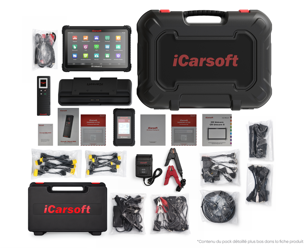 Pack complet de la valise de diagnostic multimarque iCarsoft CR Unicorn S avec tous ses accessoires