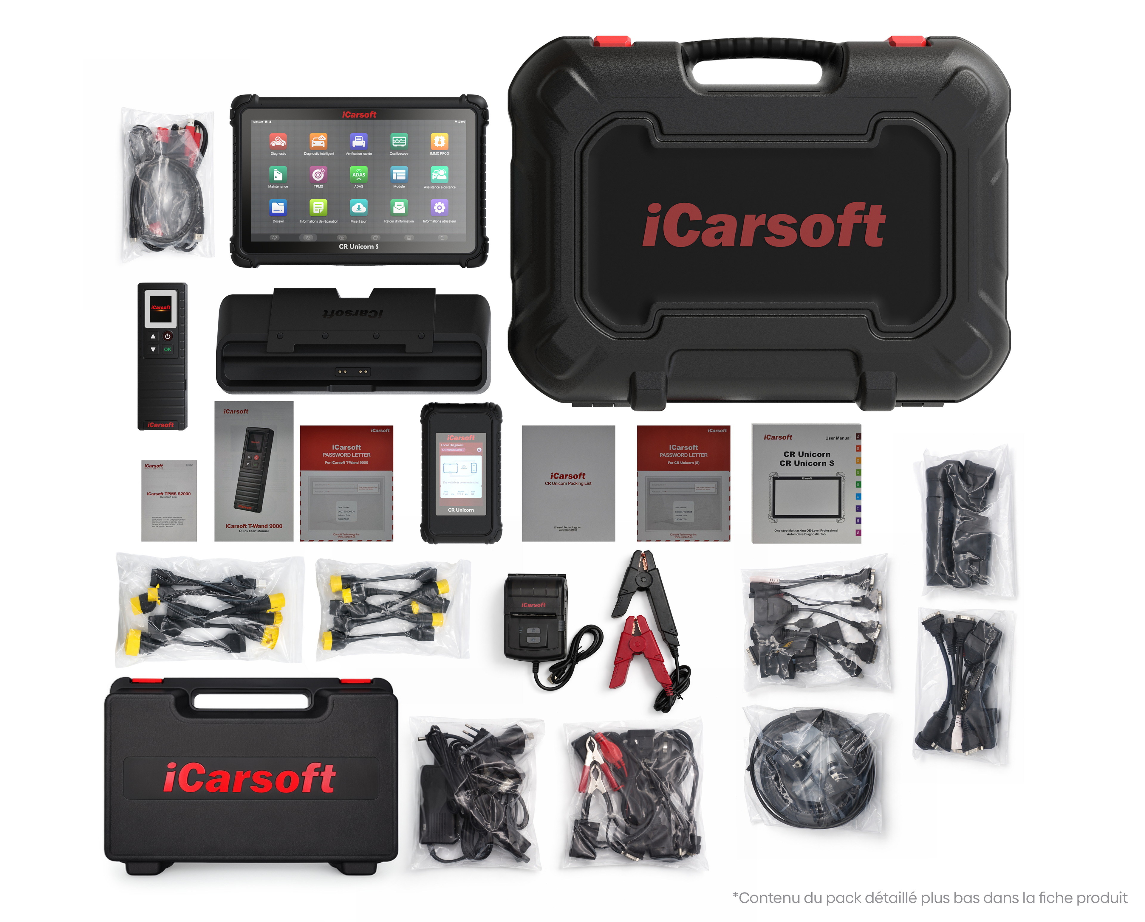 Pack complet de la valise de diagnostic multimarque iCarsoft CR Unicorn S avec tous ses accessoires