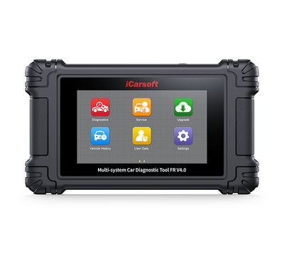 Valise de diagnostic multimarque iCarsoft FR V4.0 avec écran tactile affichant le menu principal