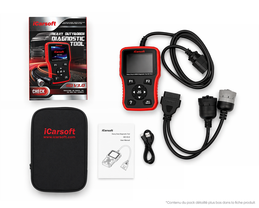 Pack complet de l'outil de diagnostic poids lourds iCarsoft HD V3 avec câbles et manuel