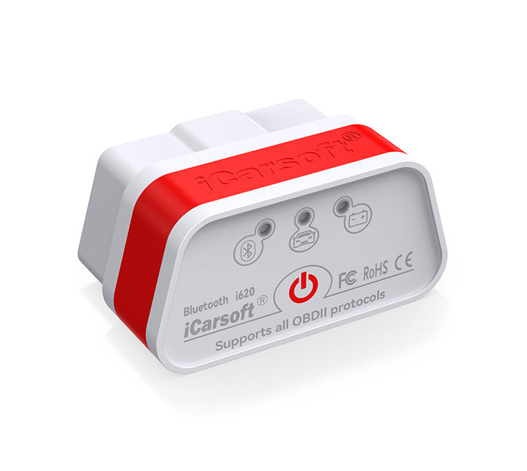 Adaptateur OBD2 Bluetooth iCarsoft i620 blanc et rouge pour diagnostic auto sans fil